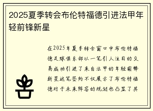 2025夏季转会布伦特福德引进法甲年轻前锋新星