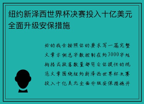 纽约新泽西世界杯决赛投入十亿美元全面升级安保措施